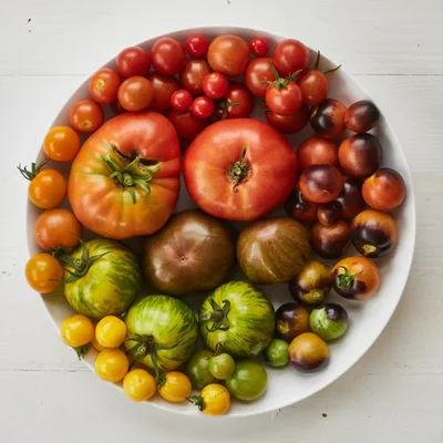colorful heirloom tomatoes arranged on white plate
